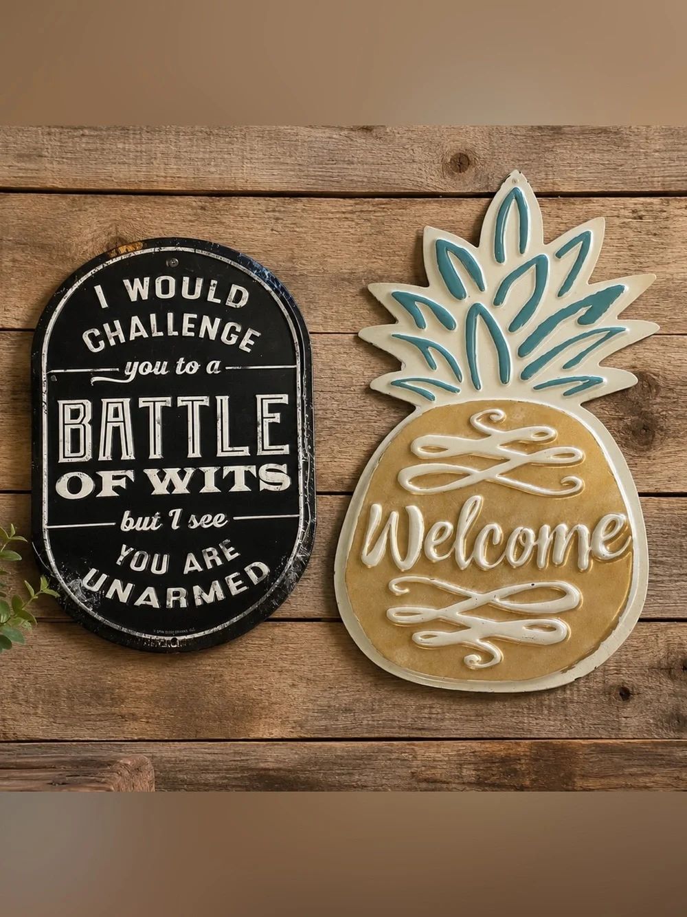 Open Road Brands Metal Wall Plaque Set Battle of Wits & Pineapple Welcome
